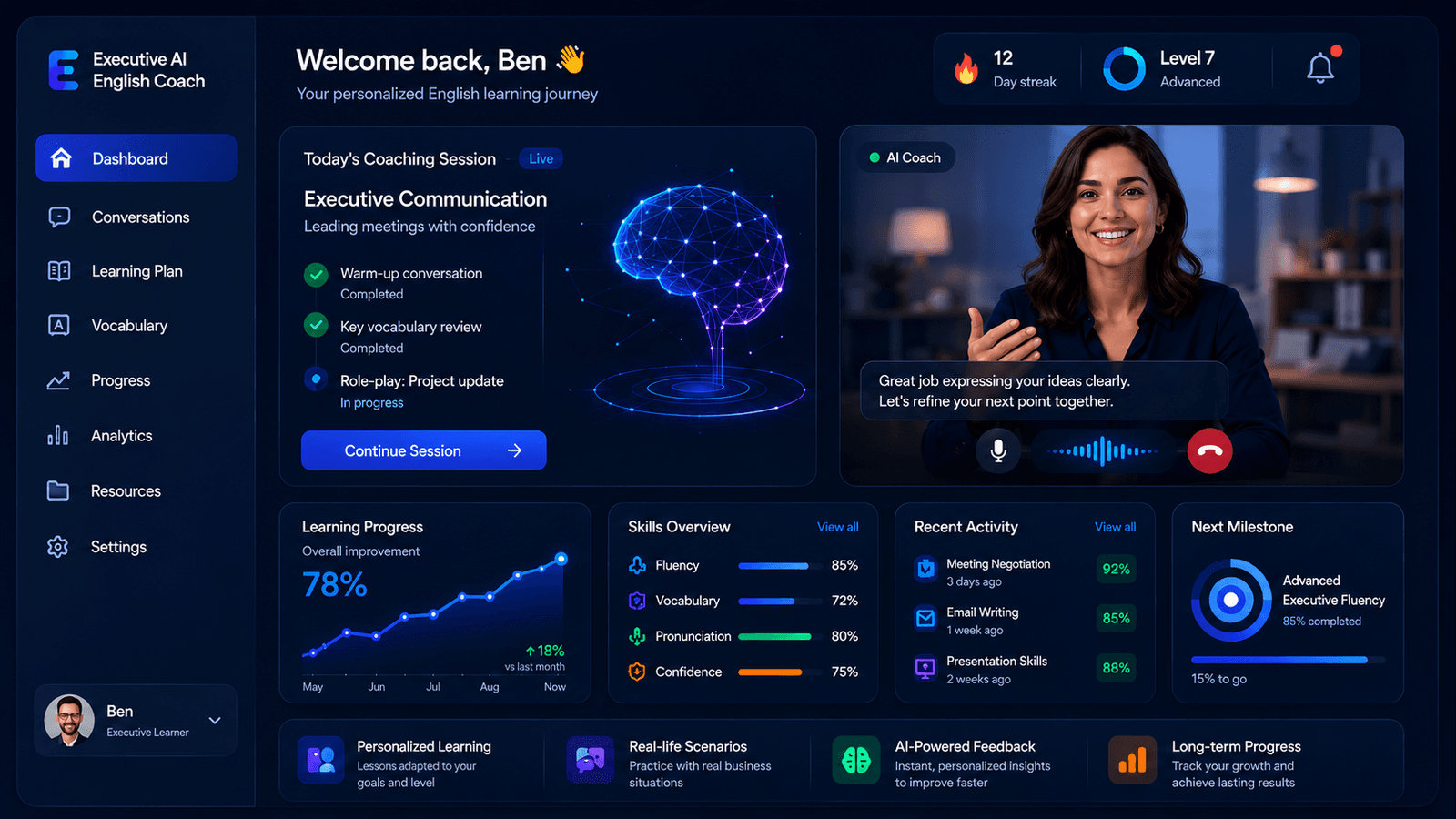 Ben's Executive English Coach AI learning platform