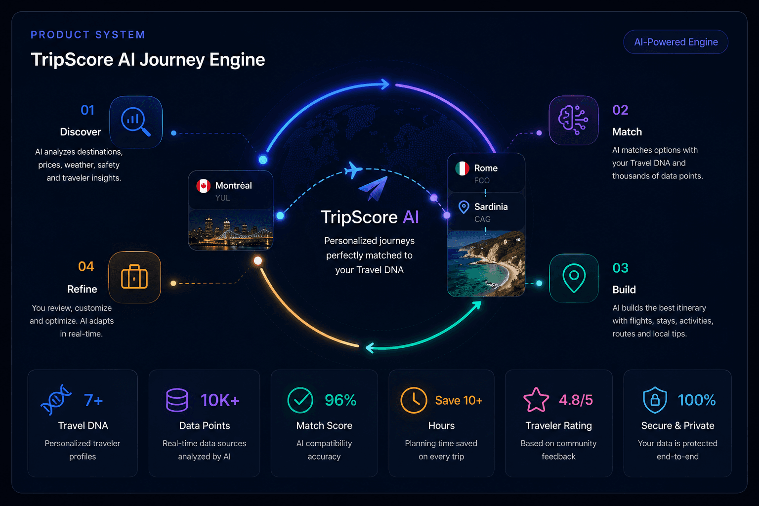 TripScore AI Journey Engine showing personalized travel discovery, matching, itinerary building and refinement